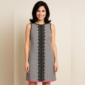 Jessica H Dress Womens sz 10 Black Gingham Cotton Linen Blend Lined Lace Detail